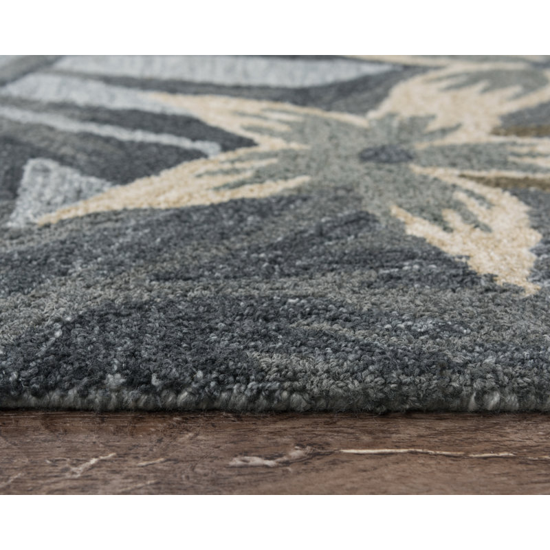 Tapis rectangulaire ivoire / gris touffeté à la main à motif floral recyclé Aurick, Rectangle 8 pi 9 po x 11 pi 9 po