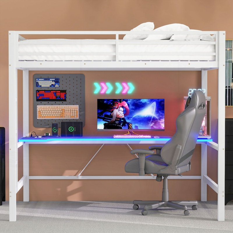 Structure de lit mezzanine en métal pleine grandeur avec lumière DEL, station de charge USB et bureau - aucun sommier nécessaire, solide et durable