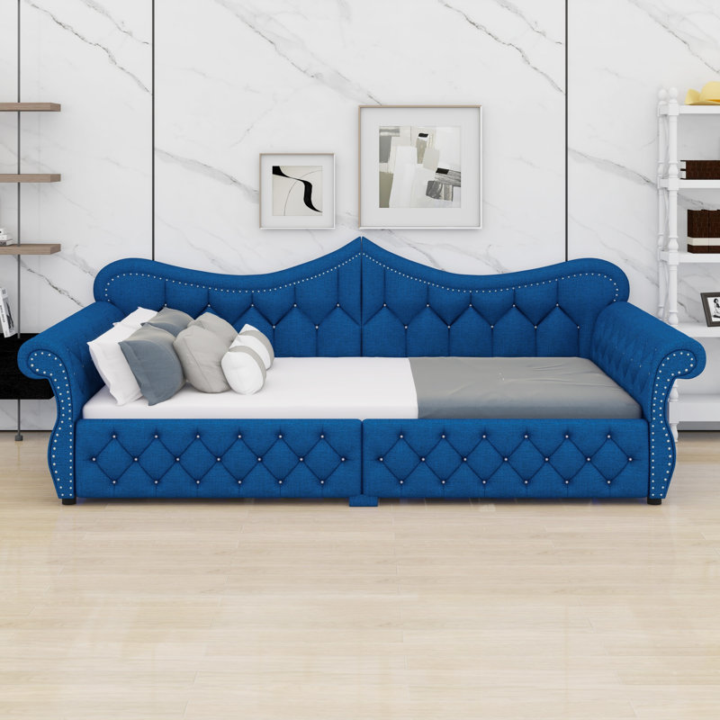 Nailhead Decor Upholstered Daybed with LED, Blue