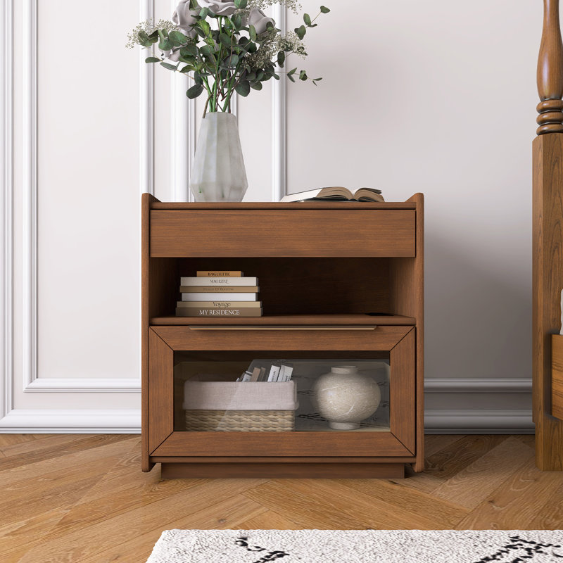Table de chevet moderne Mid-Century avec station de charge, Noyer foncé