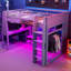 Lit mezzanine en bois pleine grandeur avec bureau, étagères à rangement multiples, DEL et portemanteau suspendu