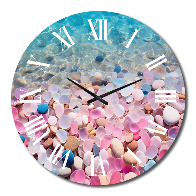 Pink Pebbels On Blue Azure Beach Metal Wall Clock, Large