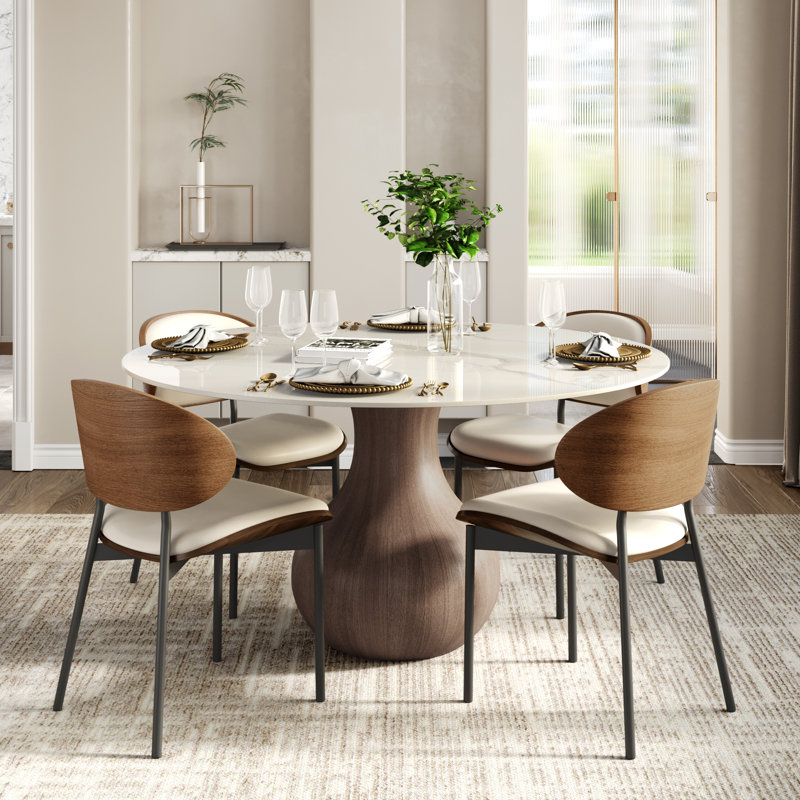 Ensemble de table de salle à manger 5 pièces Otelia, Blanc / Noyer foncé, Blanc lustré, 29.52" H x 47" W x 47" D