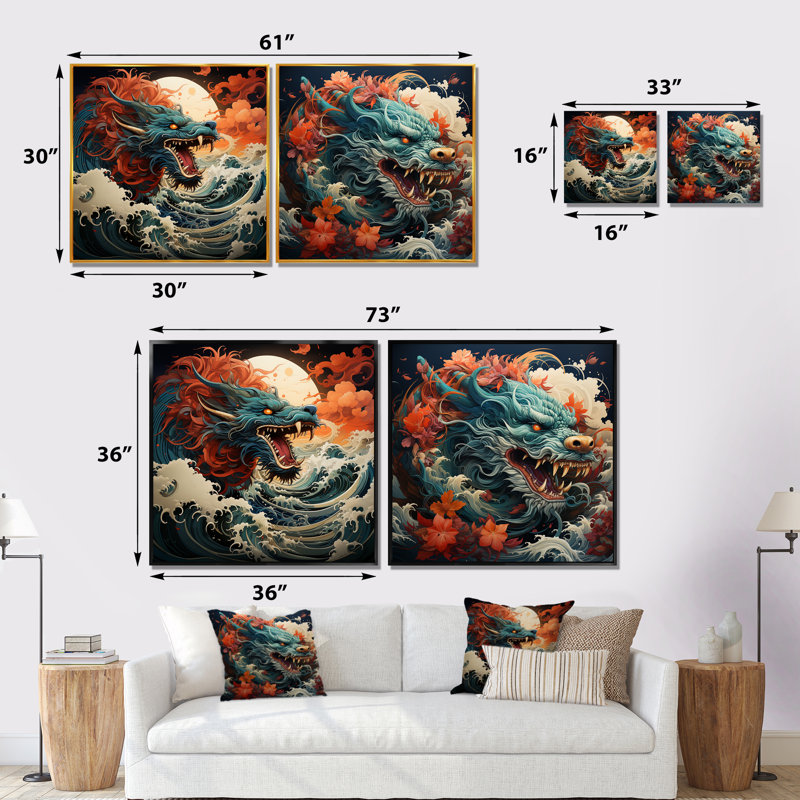 Dragon japonais sur la vague au large de Kanagawa I - ensemble de 2 reproductions d'art dragons, Toile tendue