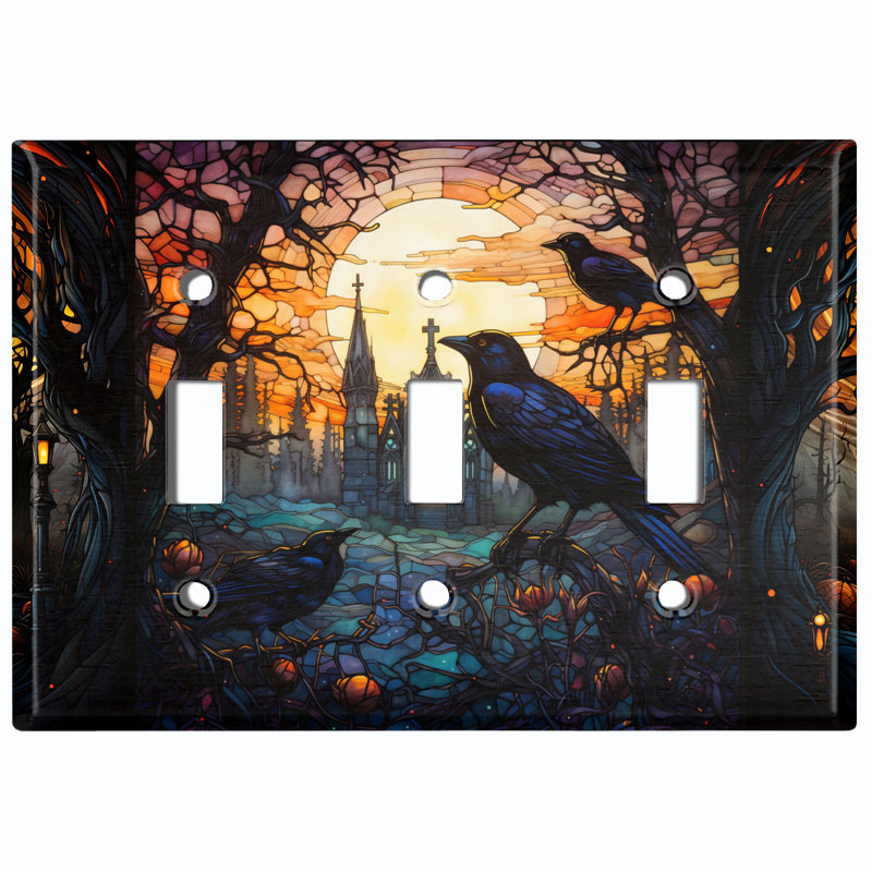 Metal Light Switch Plate Outlet Cover (Halloween Spooky Church Raven - Triple Toggle)