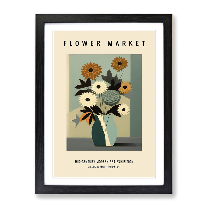 Mid Century Flower Market Exhibition No.5 - Single Picture Frame Print on Wood, 64cm H x 46cm W x 2cm D