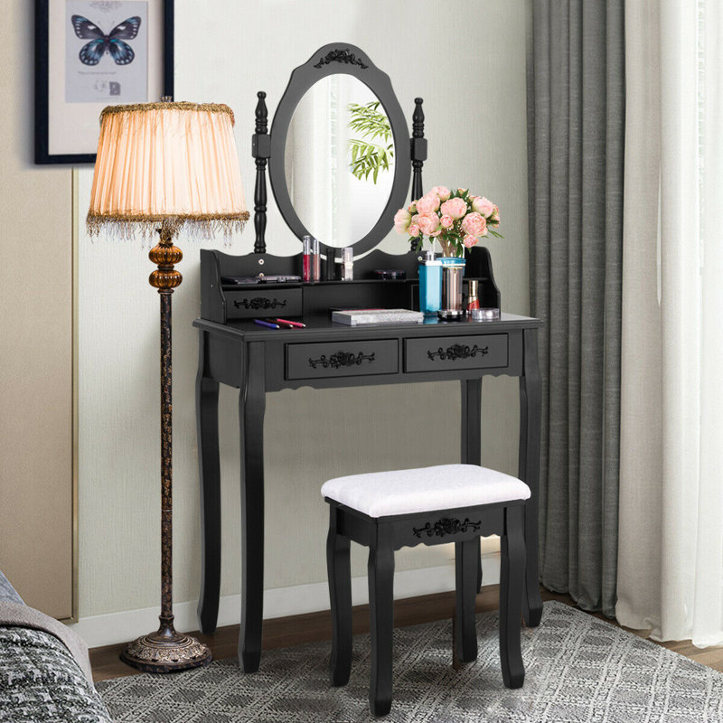 Ensemble coiffeuse avec tabouret et miroir Geoffrey, Noir