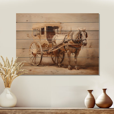 Minimalism Old American Cart With Horse I - Old American Cart Wood Art On Natural Pine Wood