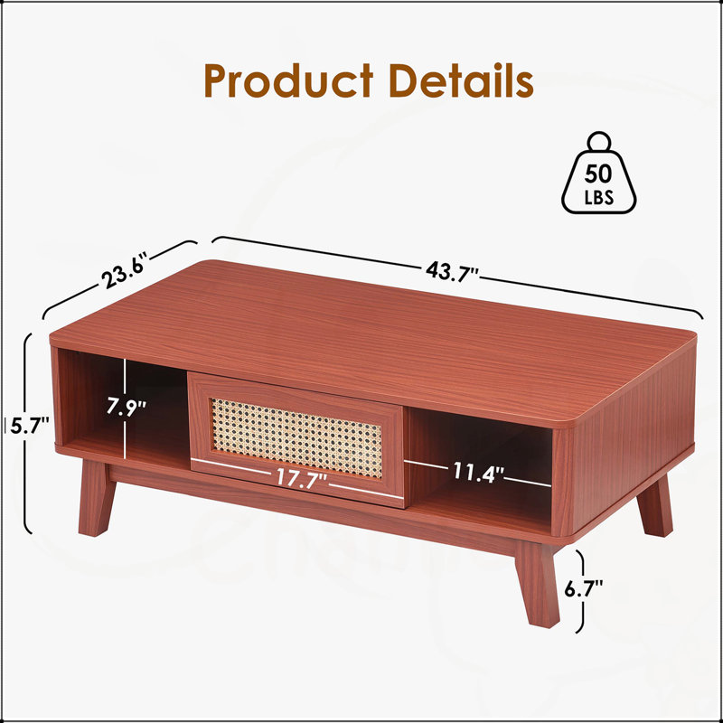 Table basse Mid-Century moderne avec tiroir en rotin, table de salon en bois avec rangement et pieds en bois massif, Cerisier