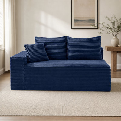 Canapé bleu à 2 places en velours côtelé sans accoudoirs avec profil bas et conception facile à installer pour le salon et les petits espaces