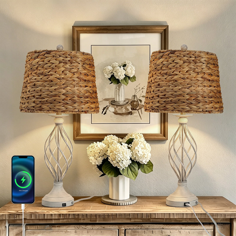 27.55"H Boho Antique White Metal Table Lamp With 3-Way Dimming Handwoven Shade And Usb For Bedroom Living Room