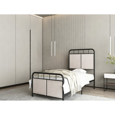 Twin Linen Upholstered Metal Bed Frame - Fabric Headboard And , Modern Comfortable Design, & , Quiet, Easy To Put Together, No Box Spring Required, Compatible With All Mattresses, 8+ Inch Mattress