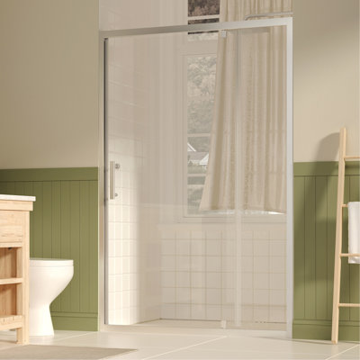 Porte de douche pivotante l 47 à 49 po x H 72 po, porte de douche en verre trempé clair de 1/4 po (6 mm) avec film anti-explosion, revêtement réversible Nano facile à installer, nickel brossé
