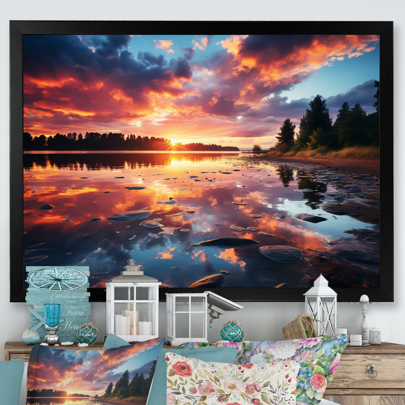 «Horizon Sunset by the Lake I», art mural sur toile, Cadre d'angle fermé noir, H 16 po x l 32 po x P 1 po