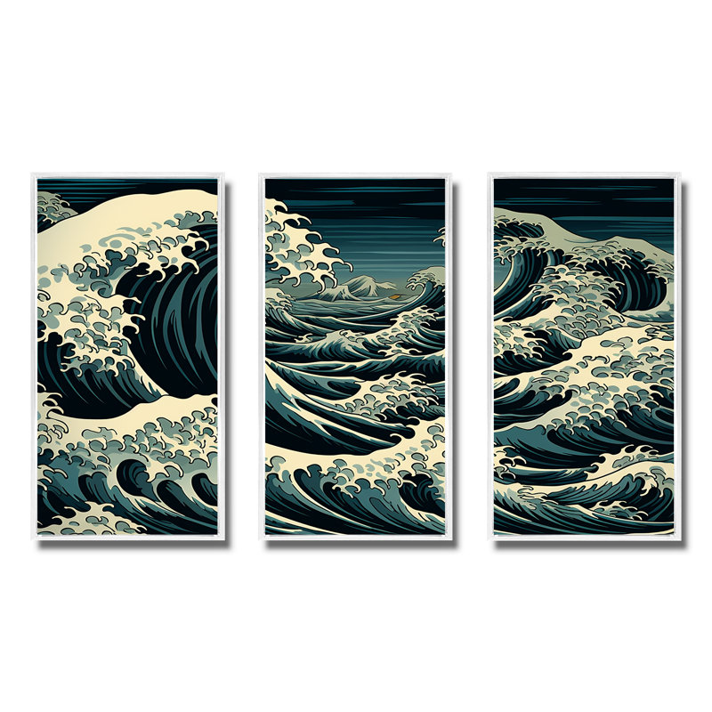 Bleu et blanc, Japon, vagues latérales - art minimaliste côtier, Cadre flottant blanc, H 32 po x l 48 po x P 1 po