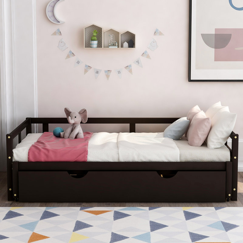 Lit de jour extensible avec couchette, lit de jour en bois avec couchette, Espresso