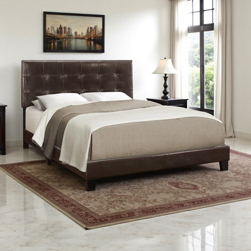 Warminster Transitional Brown Leather Look in Queen Size Bed, 45.6'' H X 64.05'' W X 85.11'' L