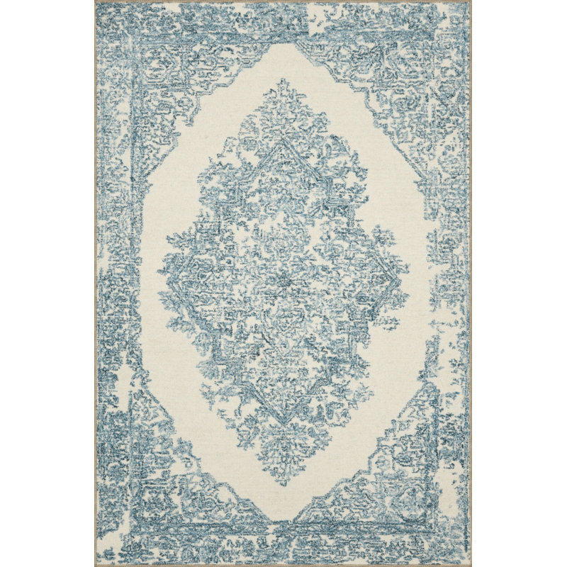Tapis décoratif bleu oriental beige, Rectangle 4 pi x 5 pi 11 po