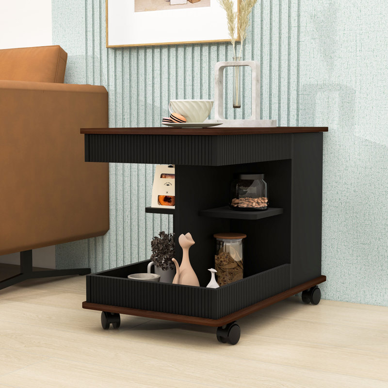 Table d'appoint pour canapé avec plateau relevable et espace de rangement, Noir / brun