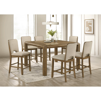 Ensemble de salle à manger 7 pièces, hauteur du comptoir, table de 91 à 137 x 137 x 91 cm, chaises de 59,4 x 49 x 105 cm, bois, 7 pièces (1 table et 6 chaises), brun, plateau extensible de 46 cm style planches avec chaises rembourrées