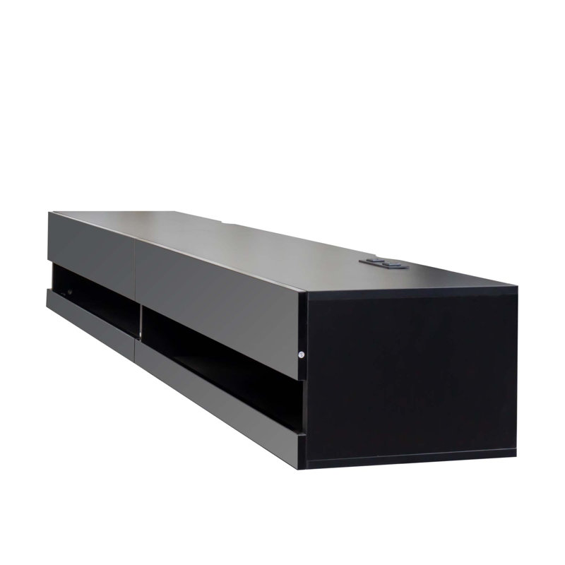 Élégante tablette télé flottante noire avec lumières DEL et rangement multifonctionnel, idéale pour les espaces de vie modernes