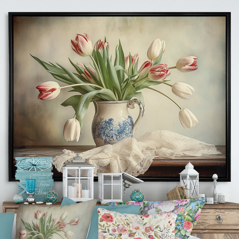 Tulipes, bouquet de natures mortes VI sur toile, Cadre flottant noir, H 16 po x l 32 po x P 1 po