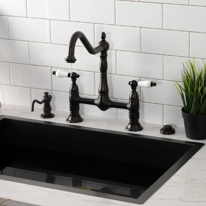 Kingston Brass Heritage Two-Handle 2-Hole Deck Mount Bridge Kitchen Faucet, Oil Rubbed Bronze/White