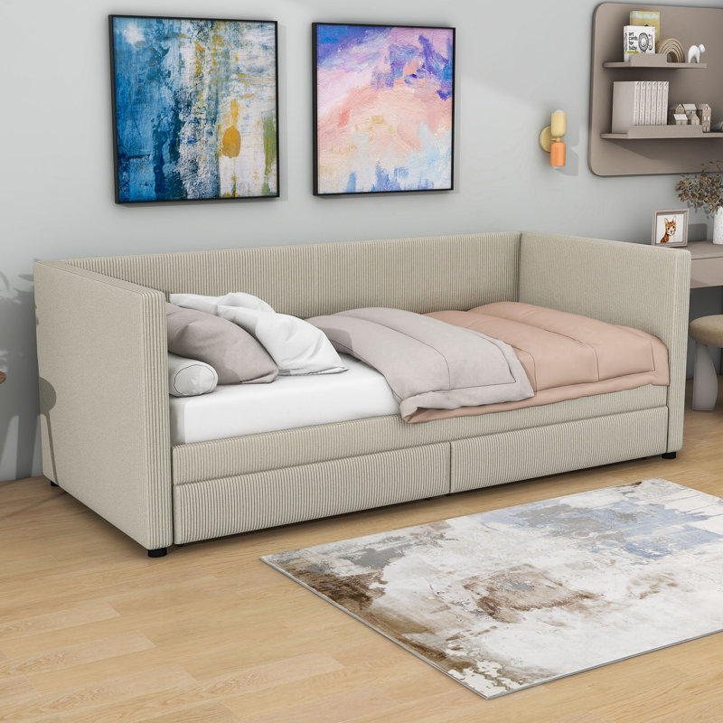 Lit de jour rembourré 2 tiroirs Berla, Beige