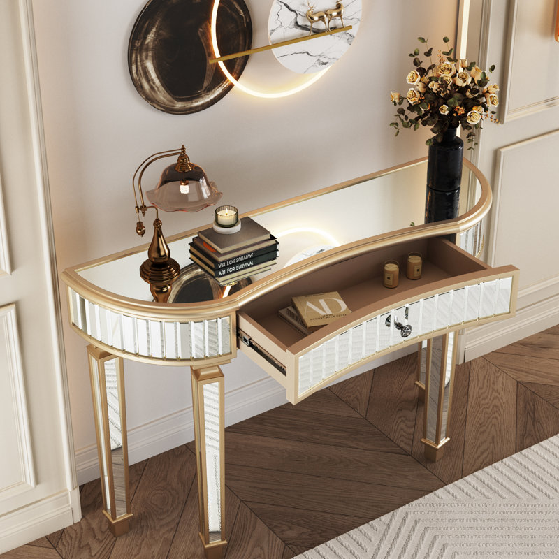 Console 47 po en demi-lune avec miroir en verre cannelé avec tiroir en cristal, argent ou or, convenant au vestiaire, au vestibule de la chambre à coucher, à la construction robuste, au tiroir à bords arrondis et au verre, doré