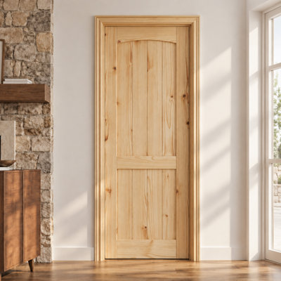 2-Panel Solid Pine Wood Interior Slab Door with Matching Door Frame, Unfinished Natural Wood Door