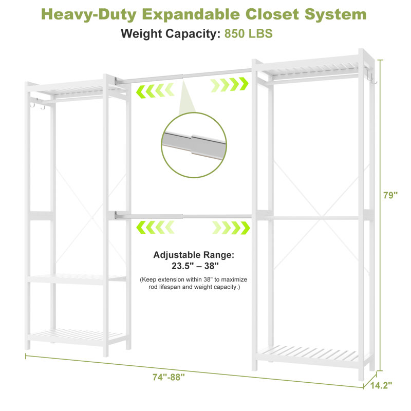 Portant à vêtements extensible de 74 à 93 po avec 5 tringles et tablettes, Blanc