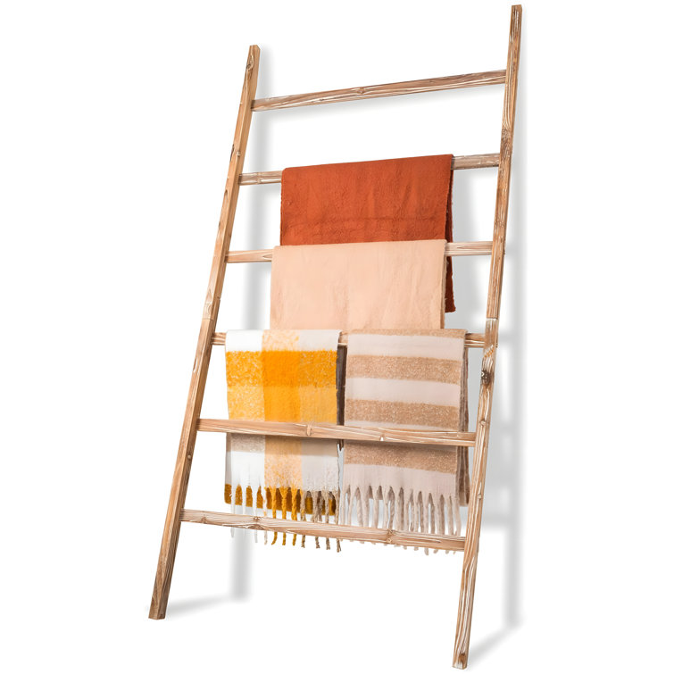 Solid Wood Blanket Ladder Shelf With 6-Layer Rustic Farmhouse Design For Living Room And Bathroom Organization