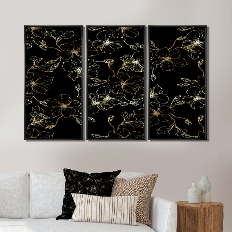 Fleurs de lin sur fond noir - ensemble de 3 reproductions d'art encadrées, Cadre noir, H 28 po x l 36 po x P 1 po