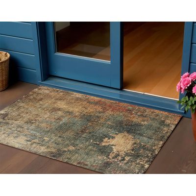 Tapis extérieur lavable abstrait brun clair / cuivre 3 'x 5' sauge