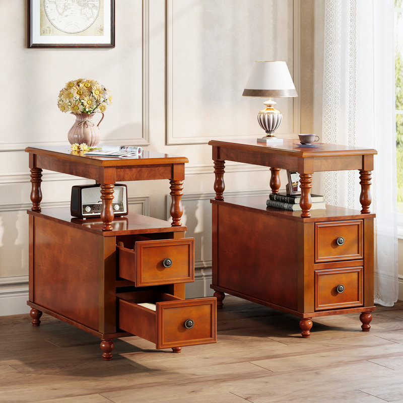 Table de chevet 2 tiroirs en bois massif pour chambre, Brun, Ensemble de 2