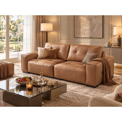 Modern 2-Piece Breathable Leather Upholstery Modular Tufted Sofa, Wide Deep Seat & Square Arms