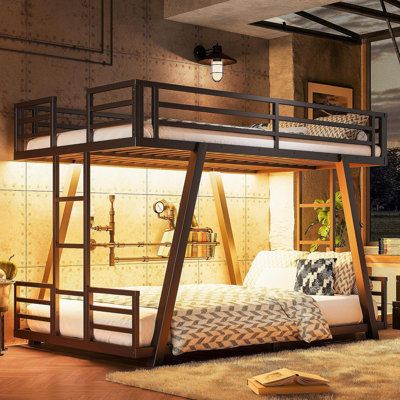 Lit superposé simple TG au-dessus de simple TG avec 2 échelles latérales, lit superposé en métal avec pieds de support spéciaux et lumière DEL, lit superposé à profil bas, noir