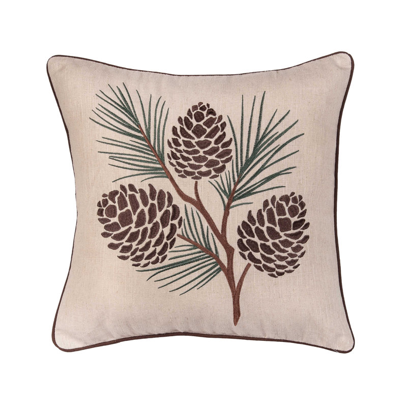 Embroidered Pinecone Branches Fall Piped Throw Pillow 18" x 18"