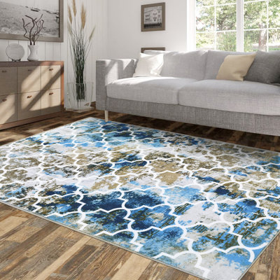 Tapis marocain délavé à motif géométrique moderne à motif treillis doux pour salle de bureau bleu