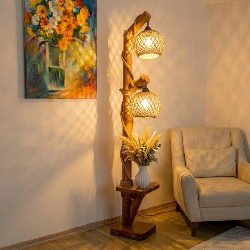 Lampe sur pied en bois flotté fabriquée à la main, lumière sur pied moderne organique de 140 cm, décoration rustique en bois