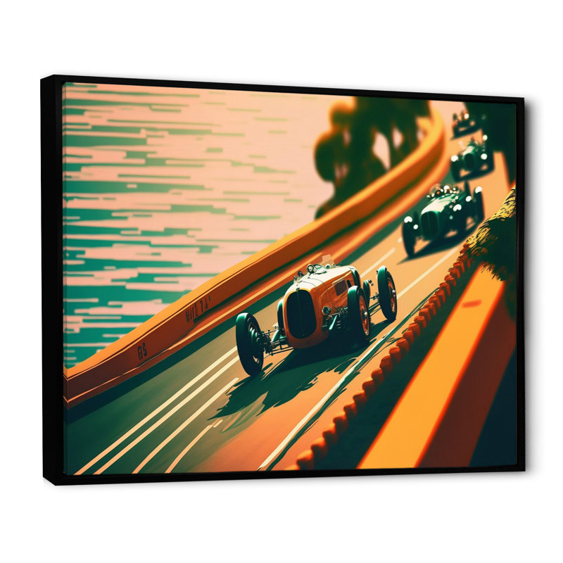 «Retro Race Car In Tropical Street Race II», reproduction sur toile, H 24 po x l 32 po x P 1 po, Toile à cadre flottant noir