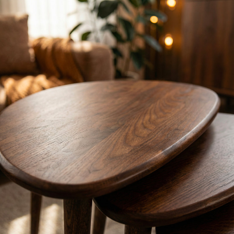 Ensemble de 3 tables basses gigognes empilables modernes en bois massif pour le salon, Chêne