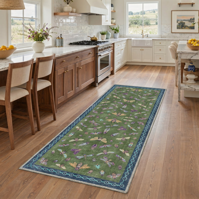 Bee & Insect Print Machine Washable Runner Rug with Non-Slip Backing, Green/Purple/Blue Botanical Indoor Area Rug
