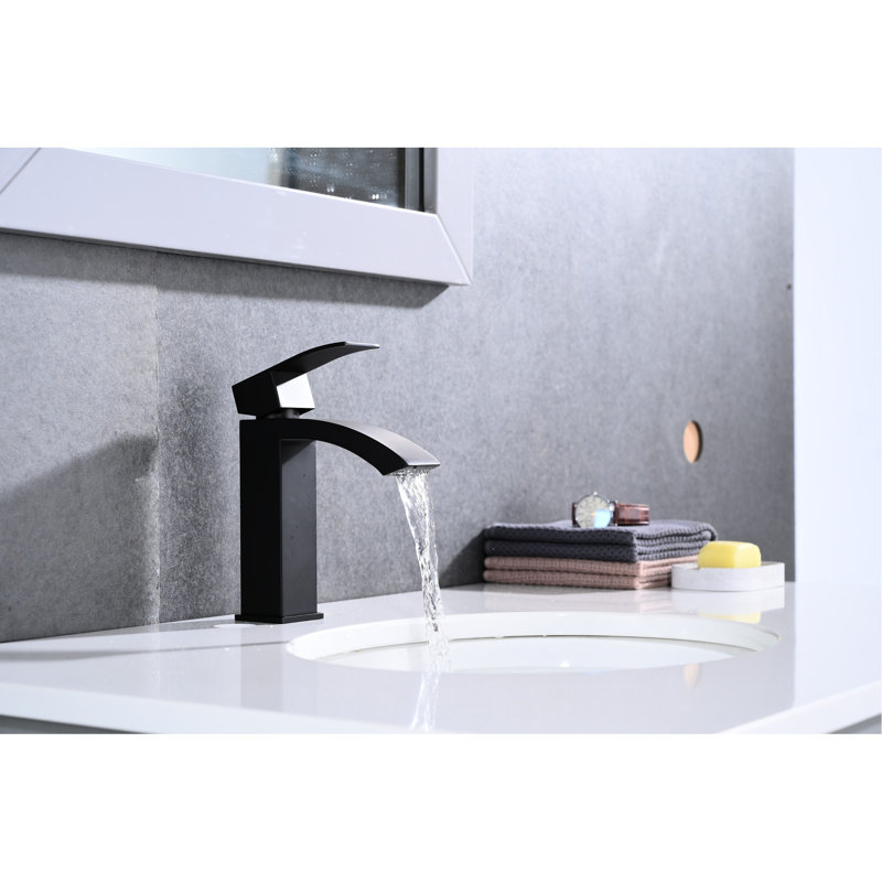 Robinet de lavabo pour salle de bain à poignée simple noir mat avec bec cascade et trop-plein avec bonde escamotable - Acier inoxydable pour une utilisation durable