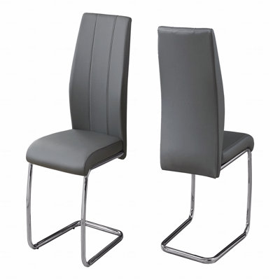 Dining Accent Chair  - Set Of 2, Side, Upholstered, Kitchen, Dining Room, 39" Height, Grey Leather Upholstered Look, Chrome Metal, Contemporary, Modern Style