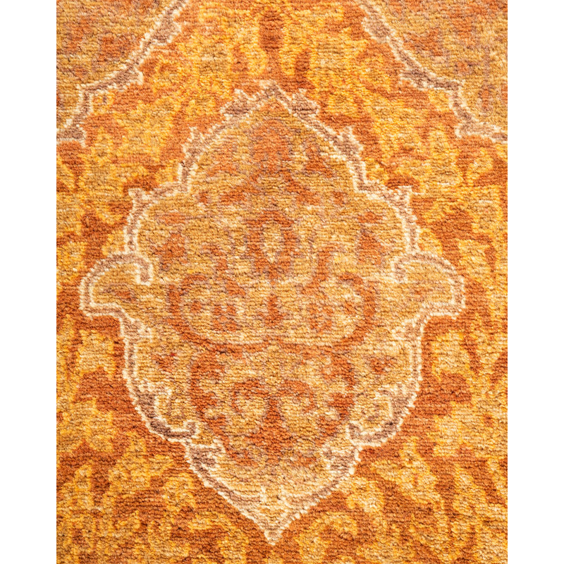 Hand-Knotted Round Yellow Wool Geometric Rug 6' x 9'