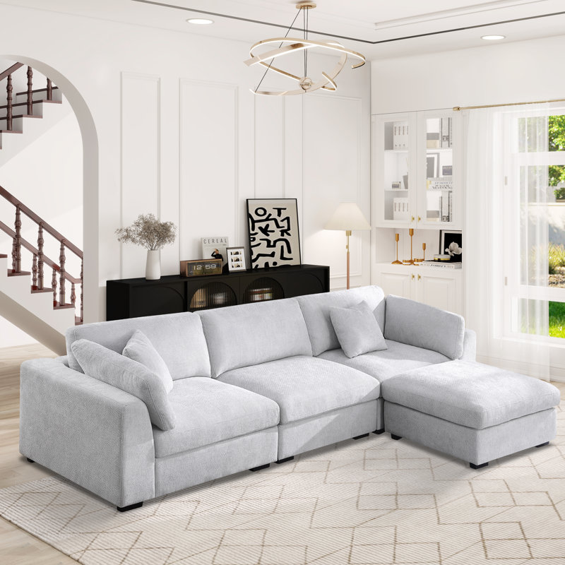 Oversized Modular L-shaped Sectional Sofa With Deep Seat, Wide Ottoman, Light Gray Polyester Blend