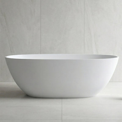 69" Stone Resin Freestanding Soaking Bathtub, Excellent Heat Retention, Ergonomic Back Curve, Integrated Overflow, Stainless Steel Pop-Up Drain
