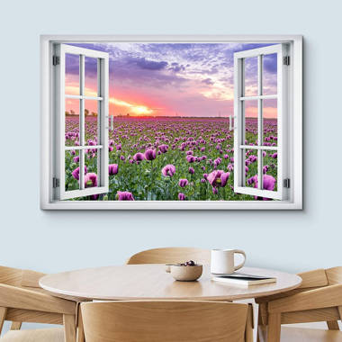 IDEA4WALL Window Scenery Window View Landscape Sunset Red Poppy Flower  Field Nature Wilderness On Canvas Print