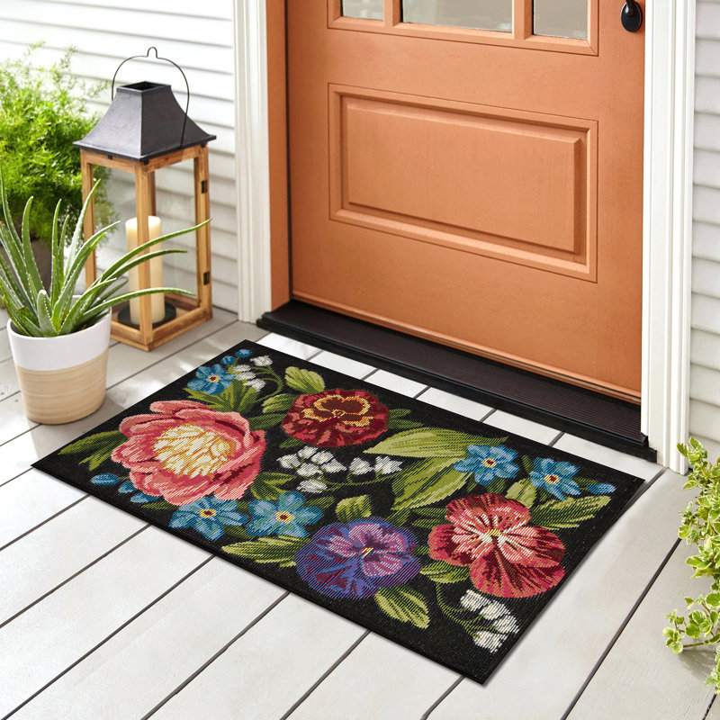 Andreane Floral Synthetic Non-Skid Kitchen Mat, Rectangle 1'7" x 2'5", Black
